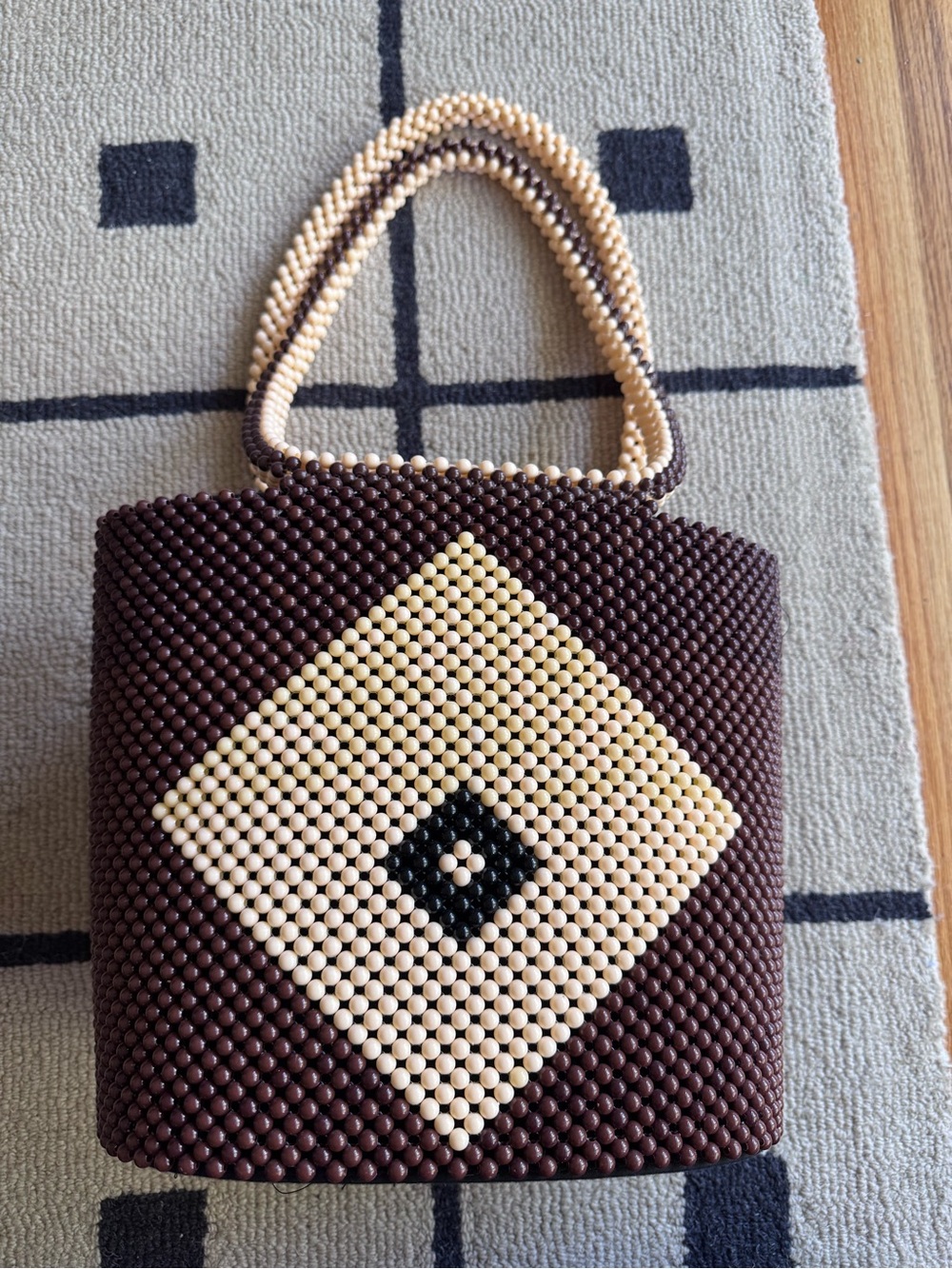 Large vintage brown beaded (African?) structured unique tote bag